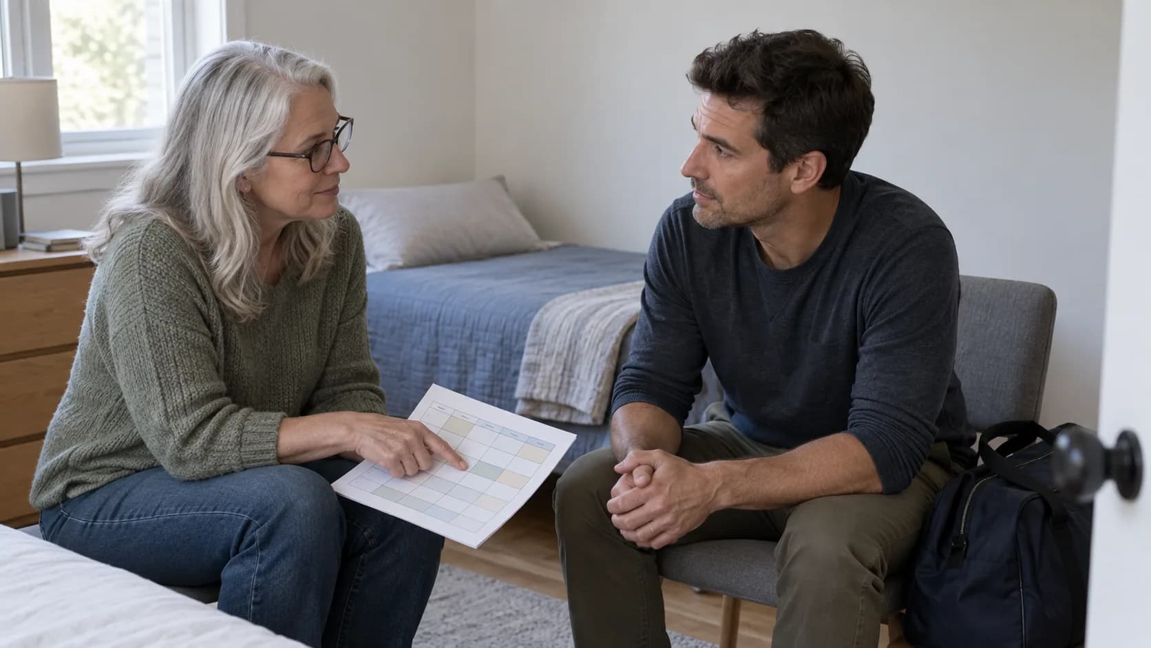 Two adults discussing household arrangements before a homecoming.