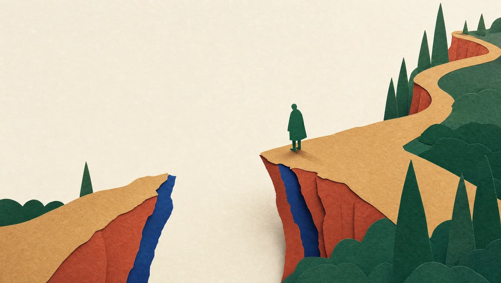 A paper-cut illustration: a paper path that breaks and resumes a little further on, the gap left as bare cream, deep blue and brick red.