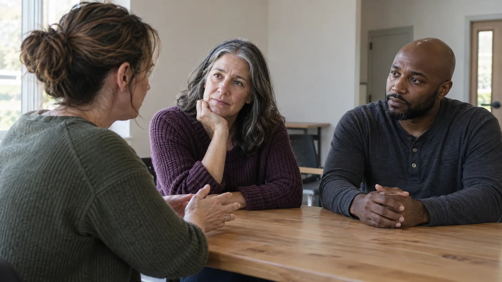 Adults listening to a newcomer at a family-support discussion.