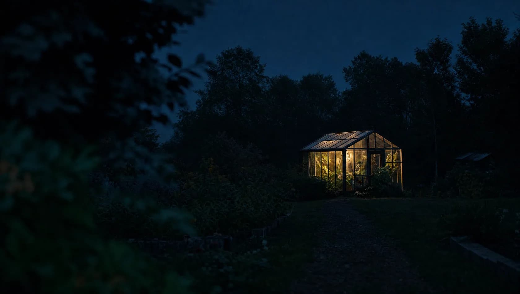 A lit greenhouse at the end of a dark garden at night, its panes glowing, the path towards it unlit.