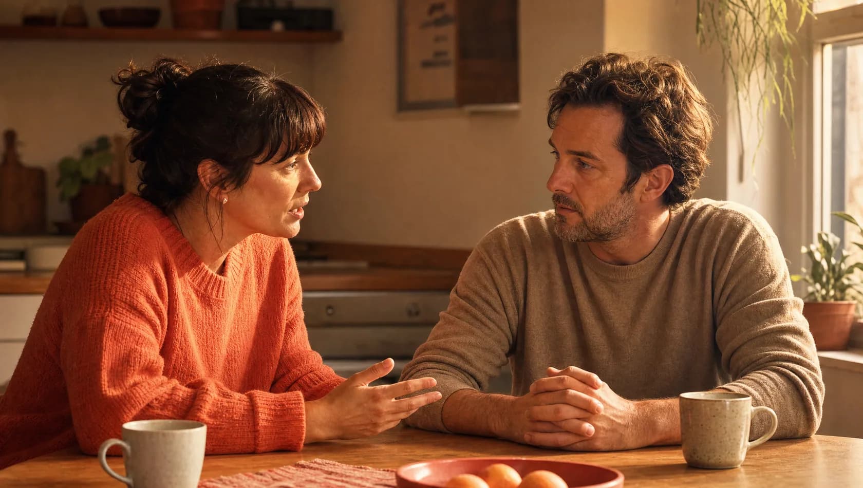Two adults at a small table by a window at the end of the day, one speaking and one listening with hands folded, warm late light.