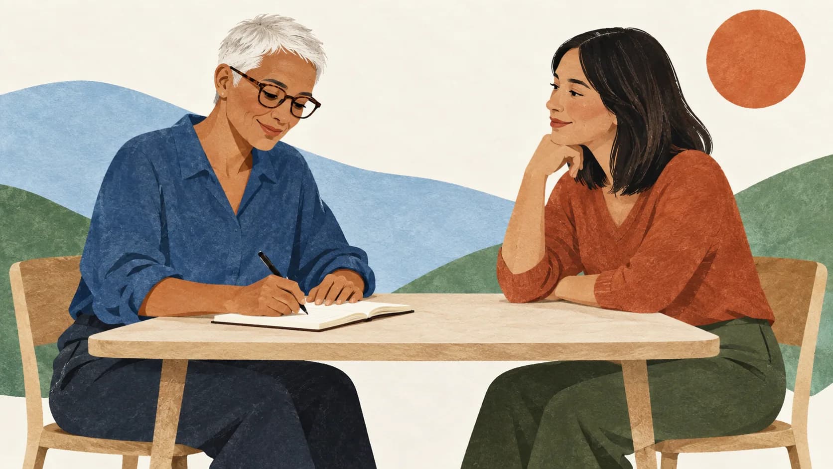 Two people calmly discussing a written agreement.