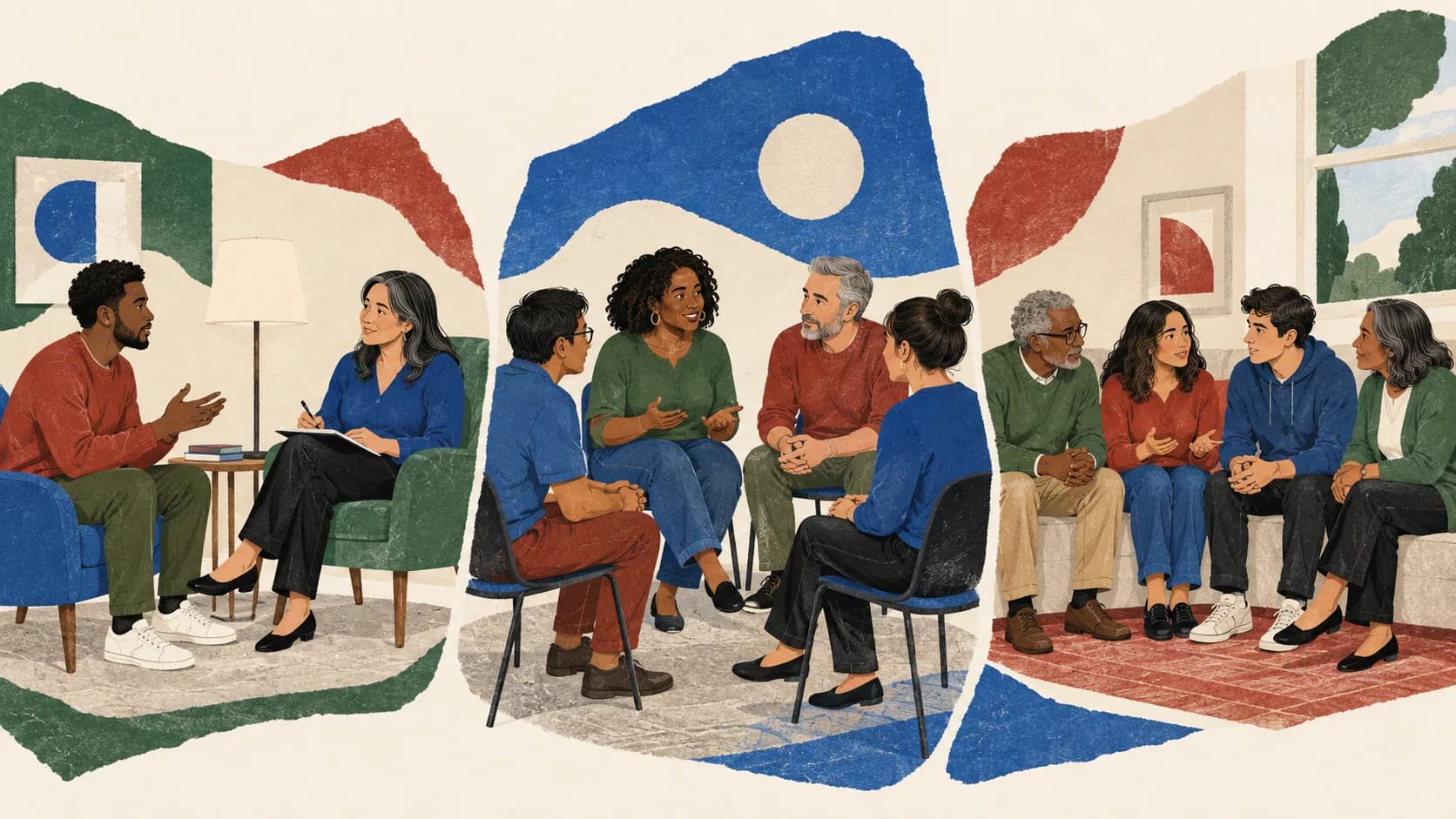 Individual, group and family discussions shown with equal emphasis.