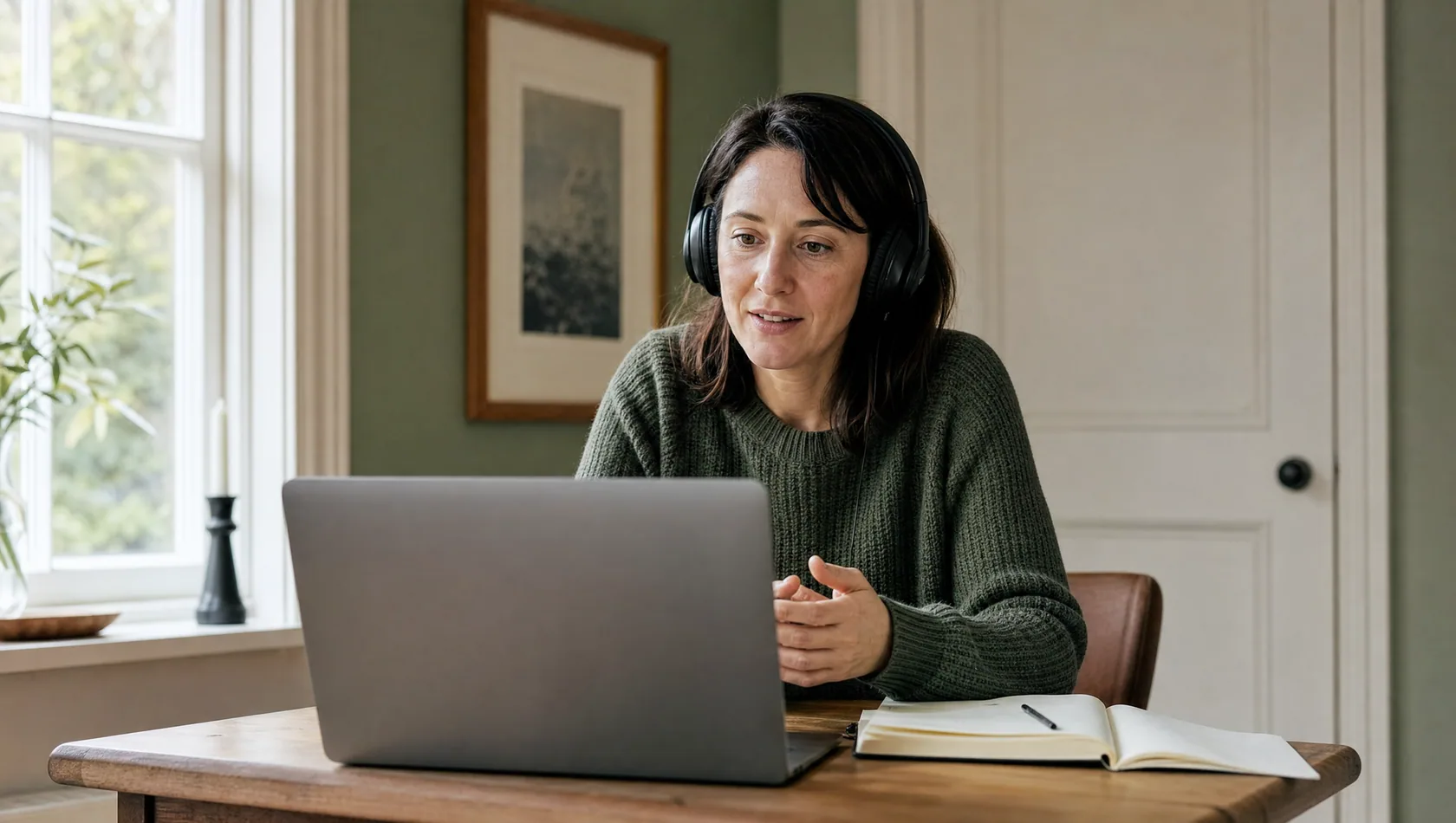 A woman with headphones on a video appointment at a small table by a window.