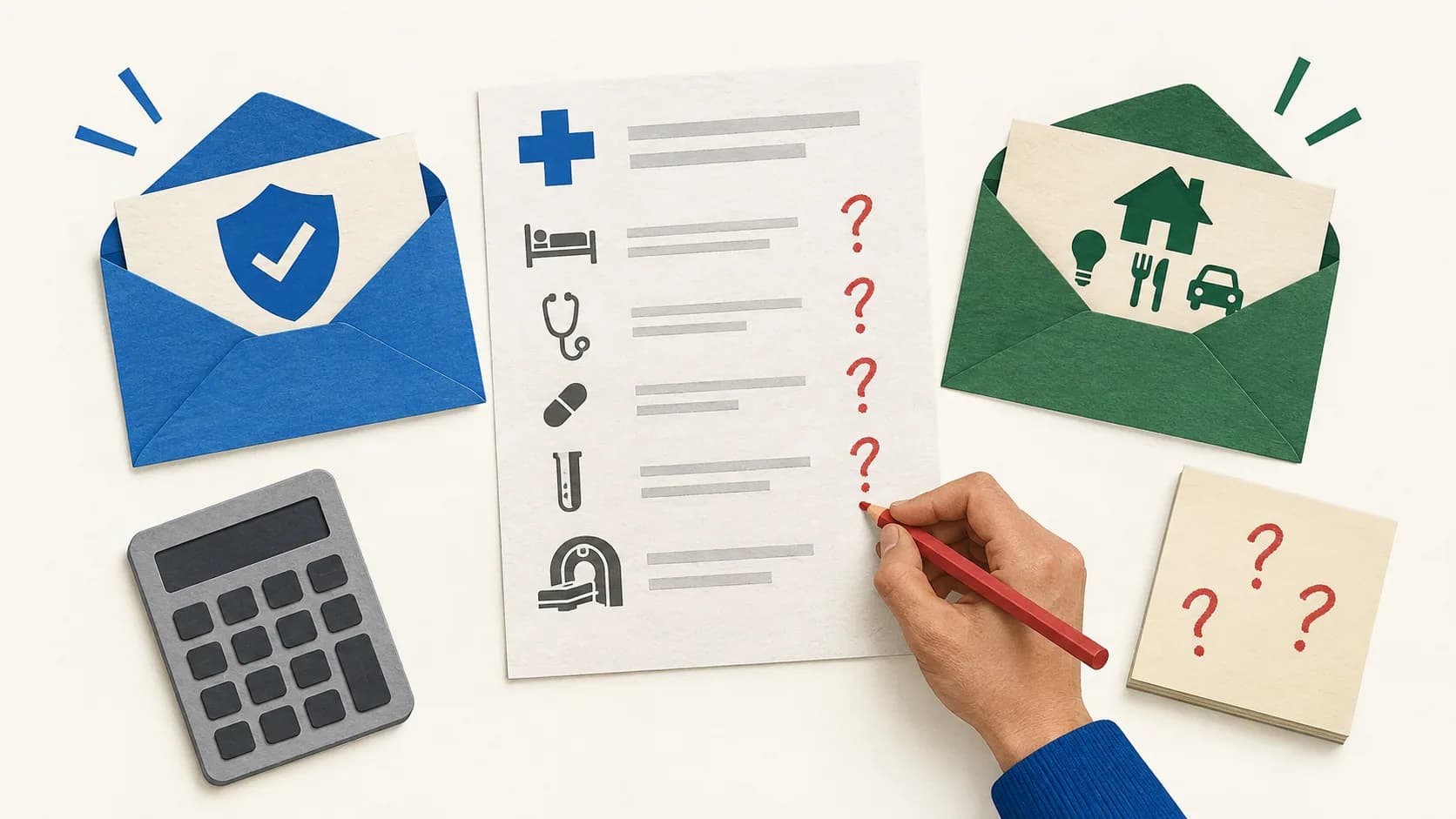 A treatment estimate with questions beside insurance and household-cost envelopes.