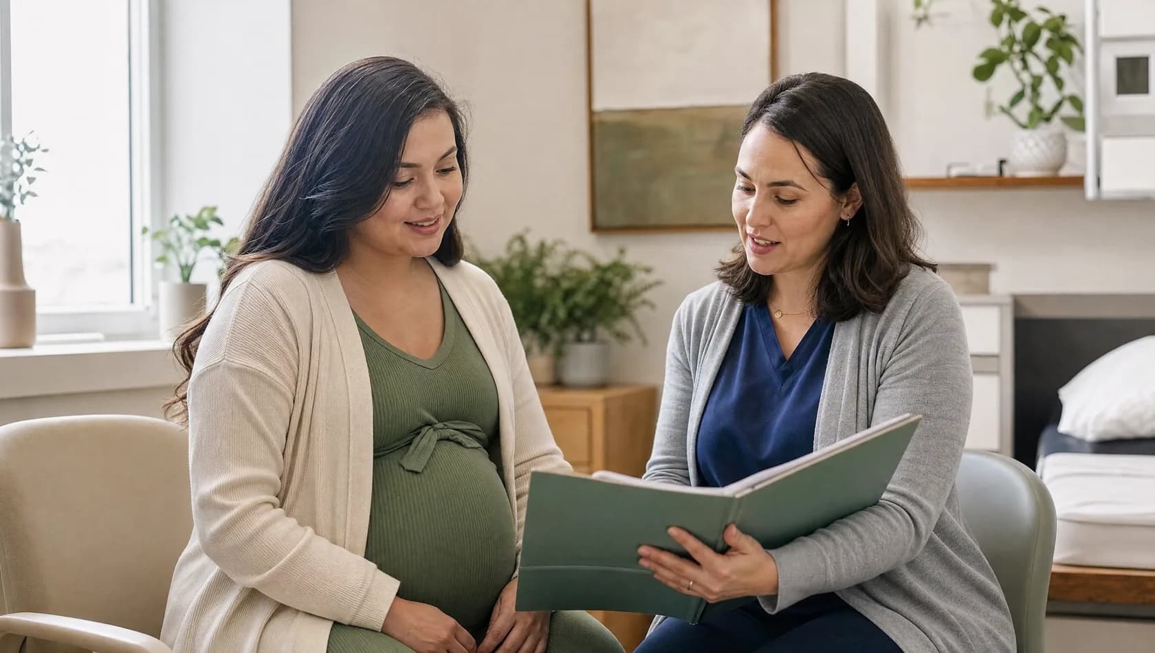 A pregnant woman reviewing a care plan with a clinician in a clinic room.