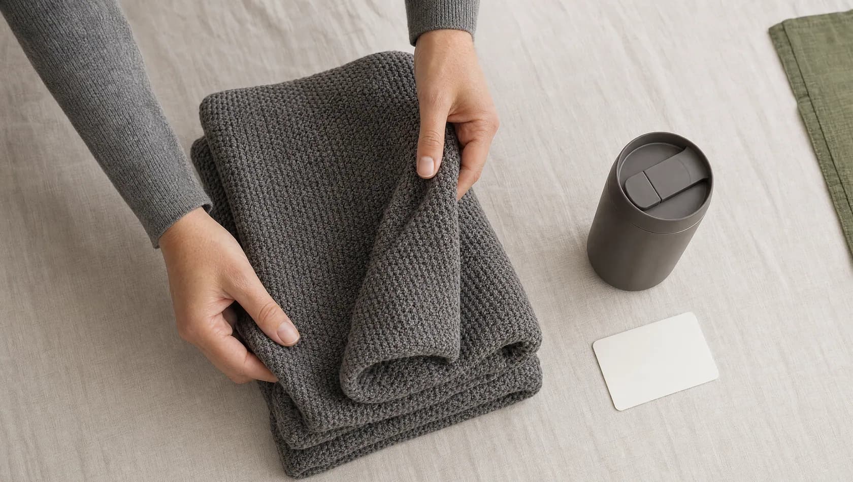 Seen from above: hands folding a small knitted blanket beside a thermos cup and a blank appointment card on a pale cloth.