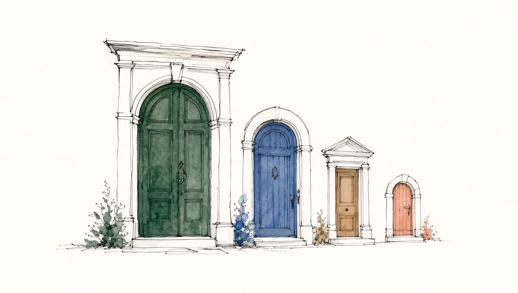 An ink-and-wash drawing: a fan of four doorways at different scales on paper white, one washed forest green.