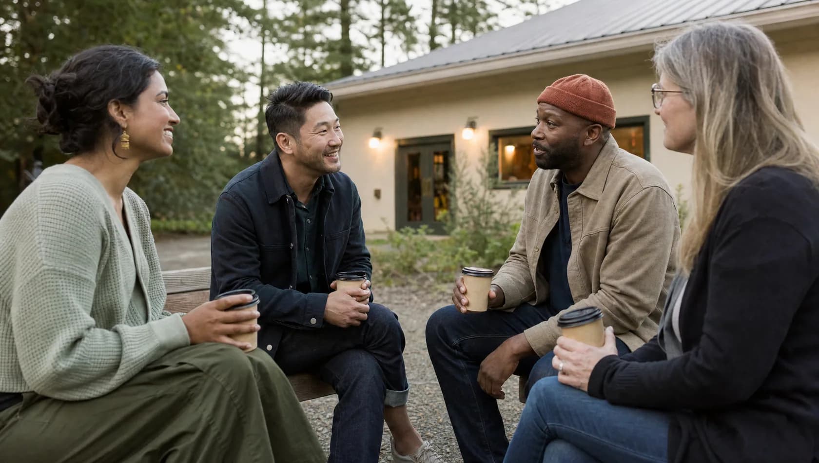A small group of adults talking together on benches outside a community center.