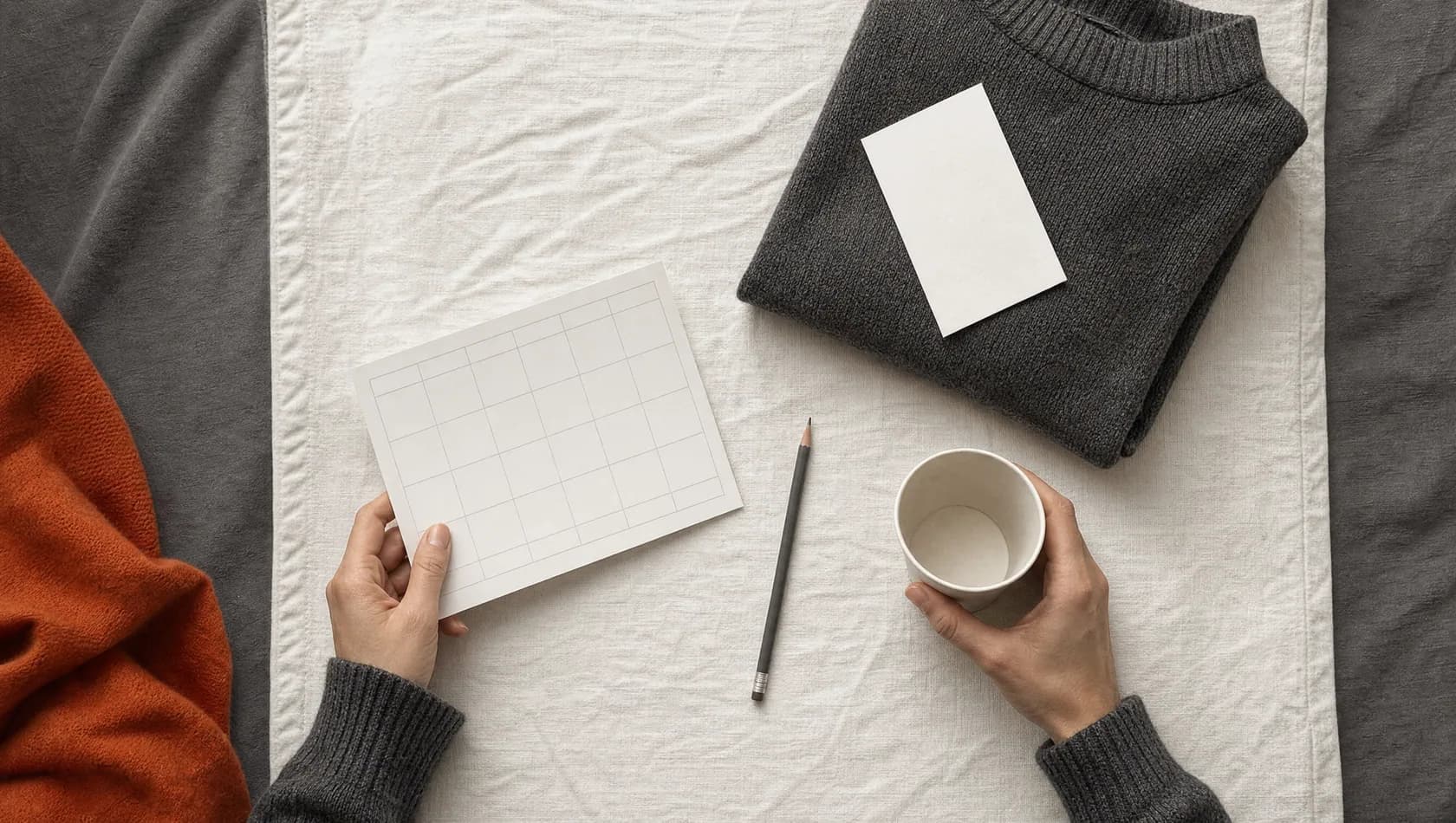 Seen from above: a blank day-grid card, a pencil, a paper cup and a folded jumper arranged on a narrow bed cover.