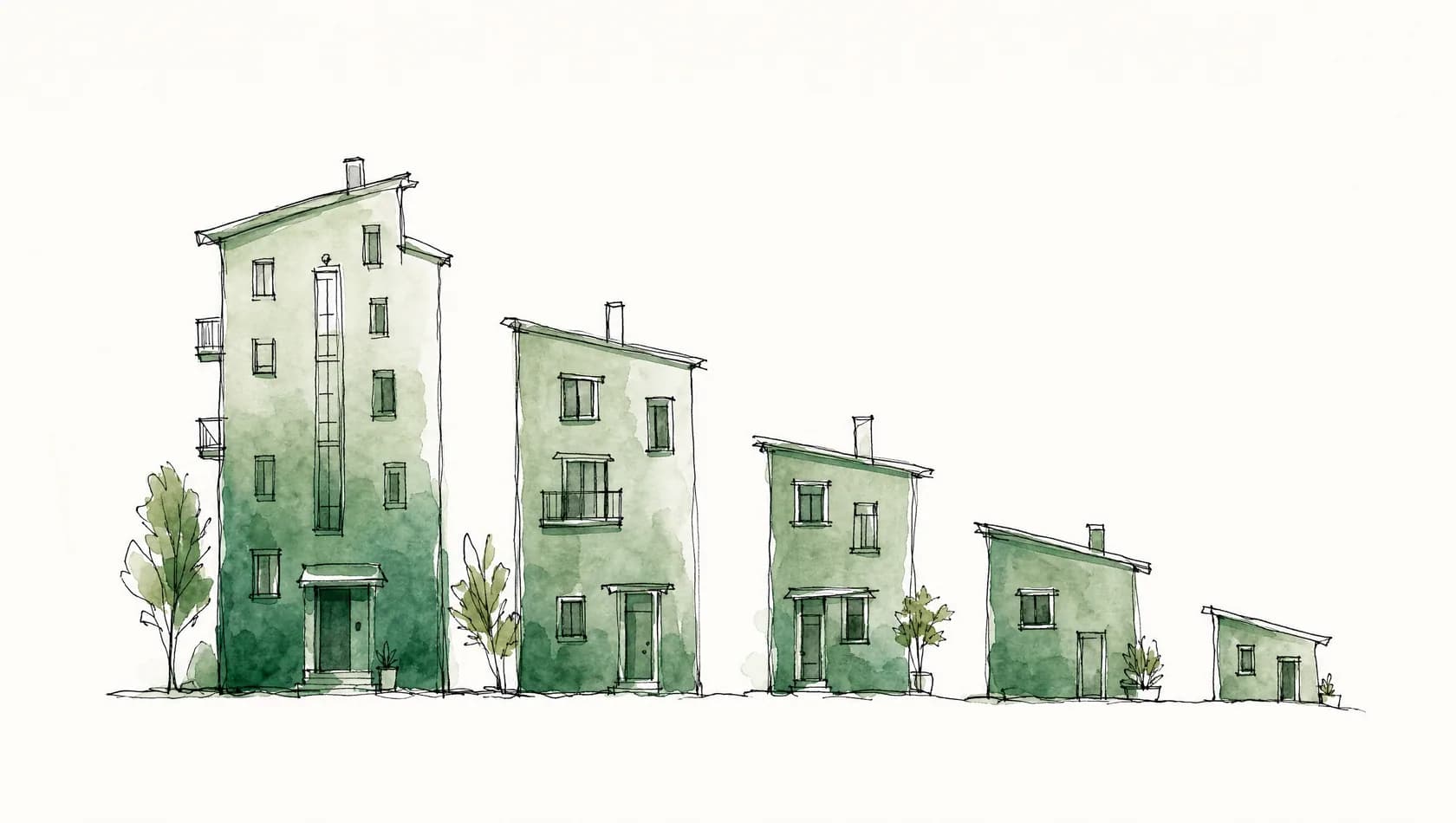 An ink-and-wash drawing: five loosely drawn buildings of descending size in a row, washed in graded green.