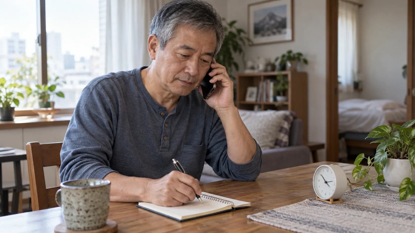 A person noting a callback time during a phone conversation at home.
