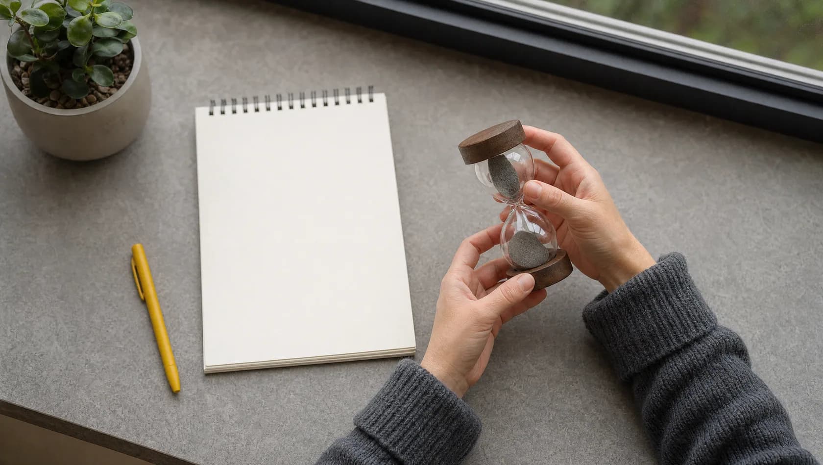 Seen from above: hands turning a small hourglass on a windowsill beside a blank notepad.