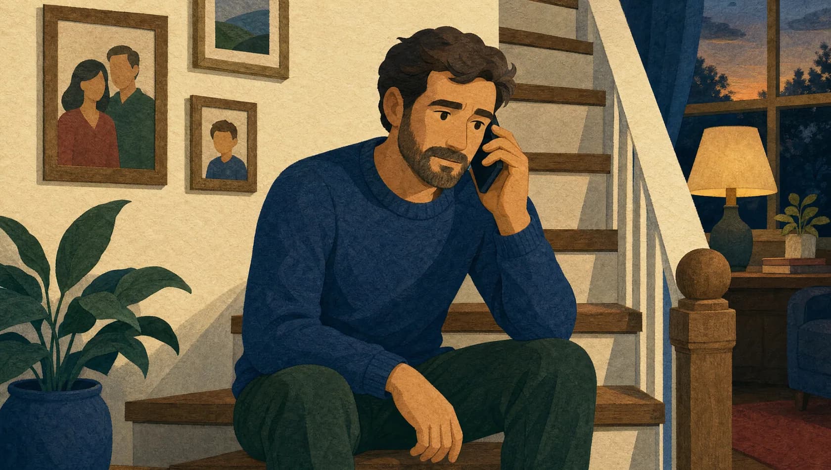 Illustration of a man on the stairs at home listening on a phone call.