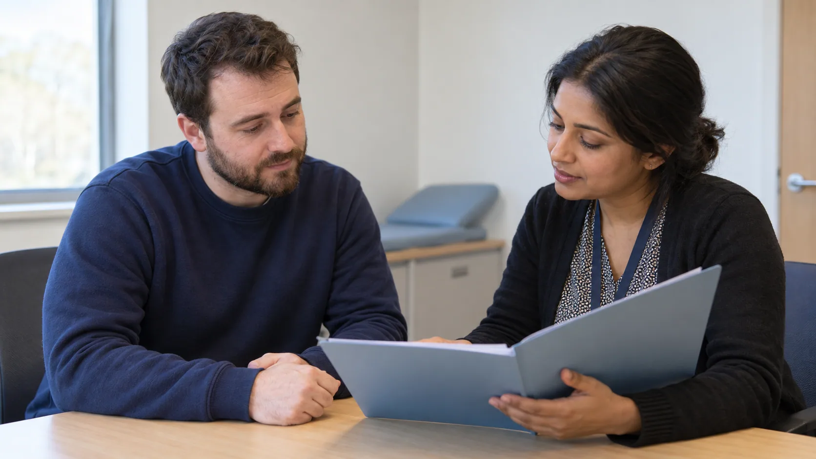 A patient and professional reviewing a care-plan folder together.