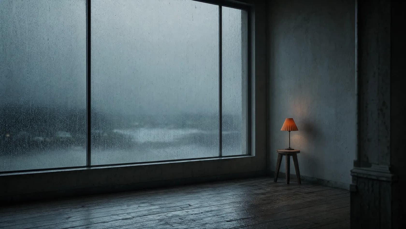 A window in a bare room during a long grey rain, water running in sheets, cool desaturated cast.