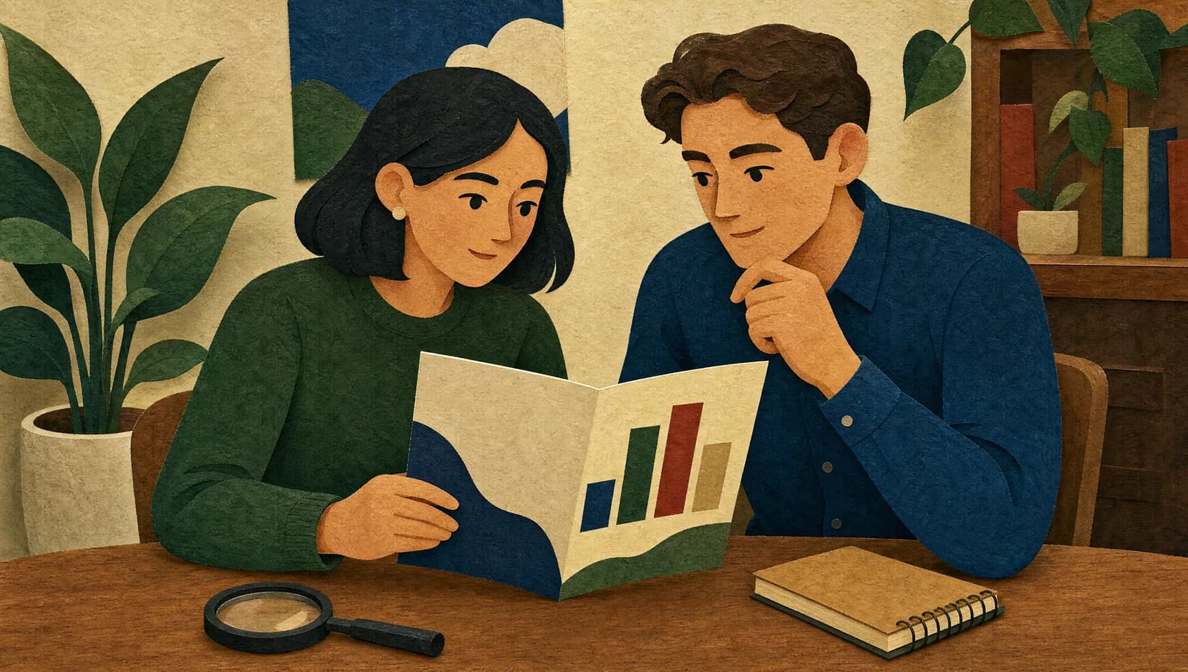 Illustration of two people examining a brochure chart beside a magnifying glass.