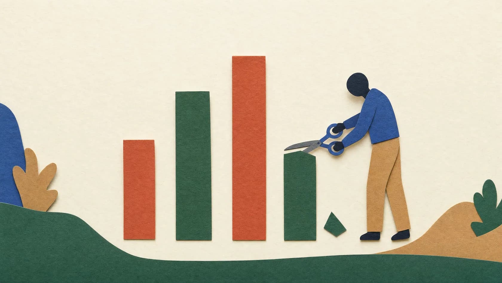 A paper-cut illustration: five paper bars of unequal height on a cream ground, one cut shorter than it first appears, brick red and forest green.