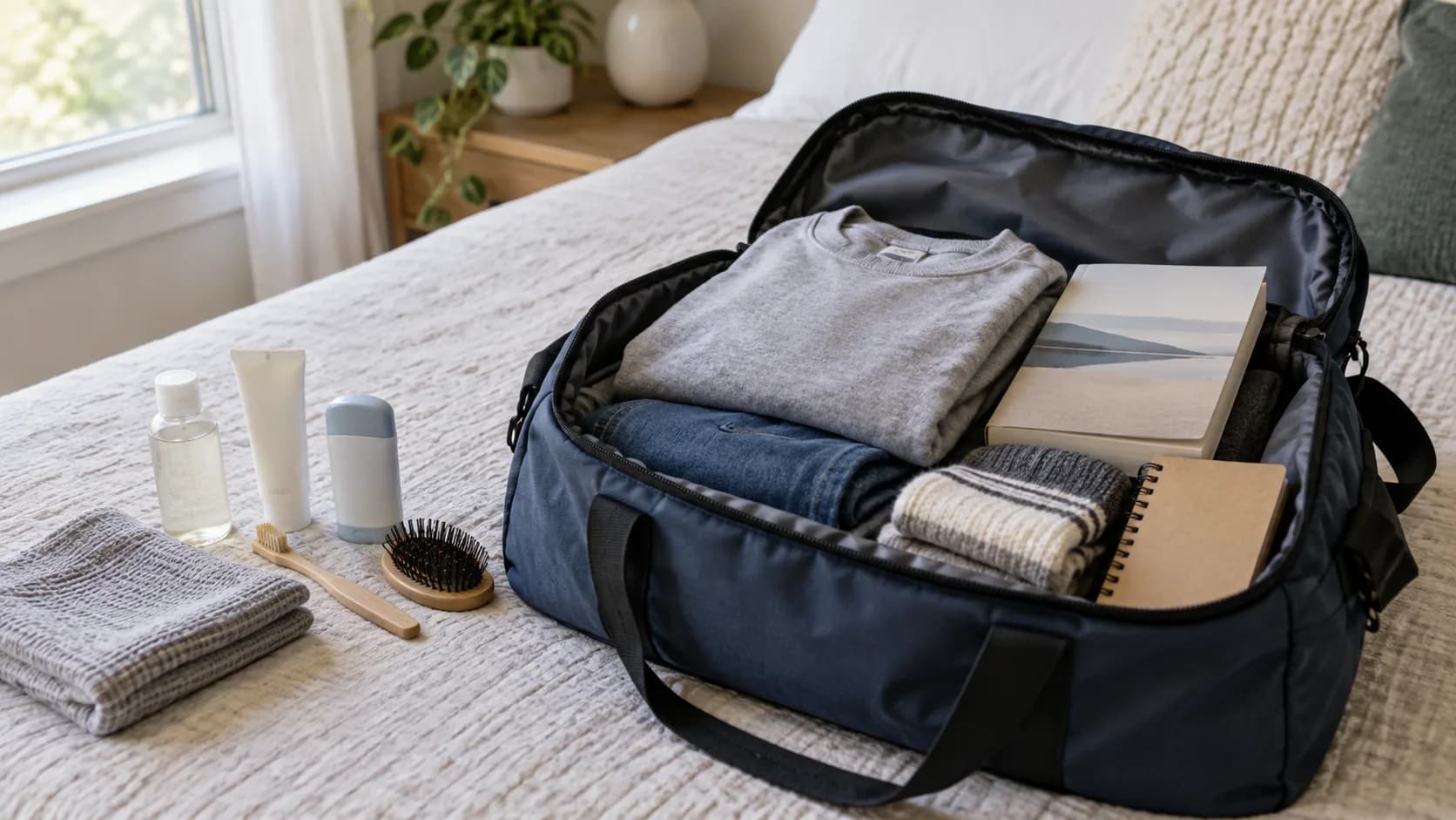 An overnight bag packed with comfortable clothes, a book and a notebook.