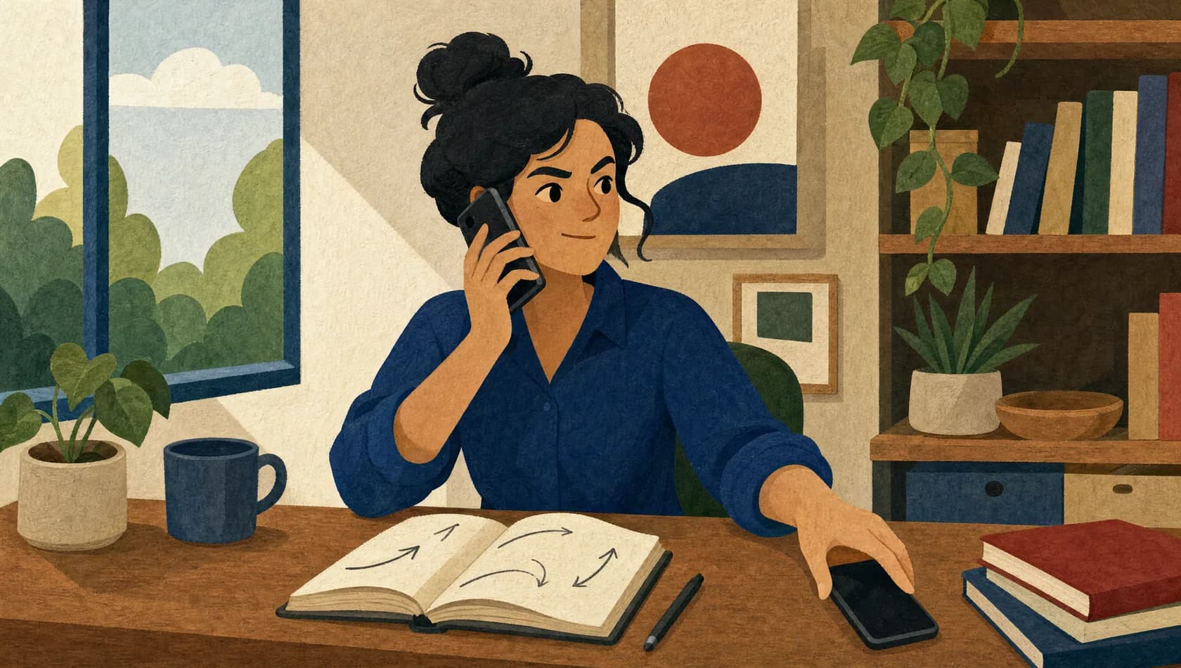 Illustration of a person making follow-up calls with a notebook beside them.