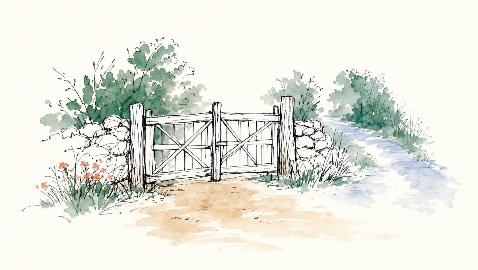 An ink-and-wash drawing: a closed gate in loose line with a second path washed pale to one side, two accent colours on paper white.