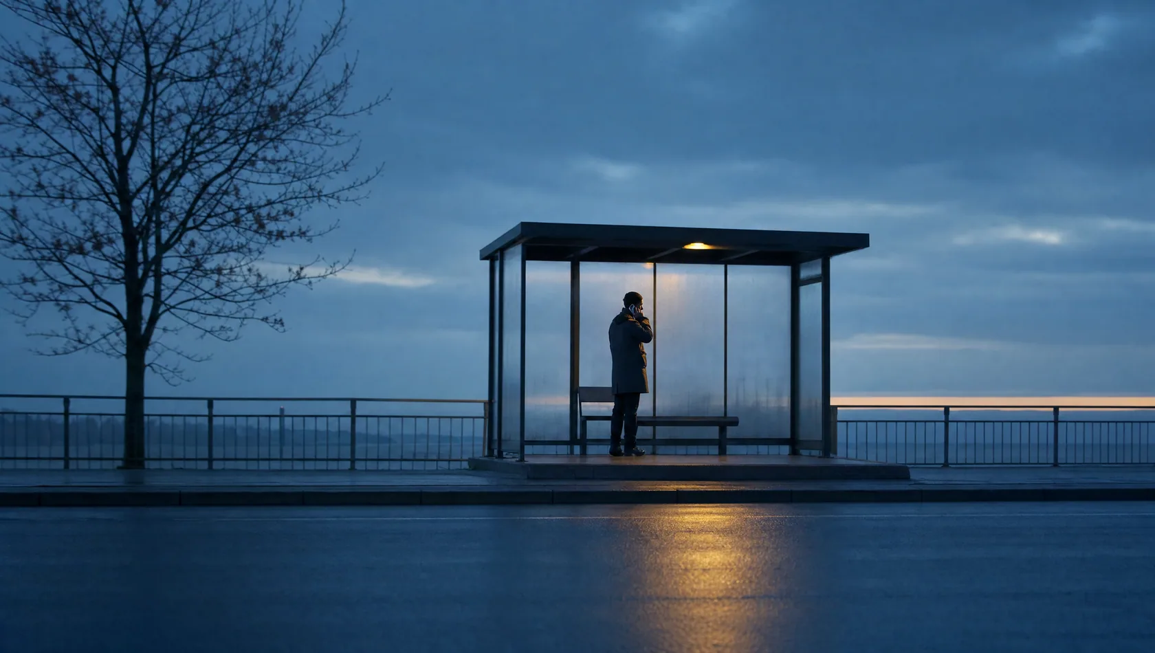 A person standing at a bus shelter before sunrise with a phone to their ear, seen from across the road, one warm shelter lamp in the blue.