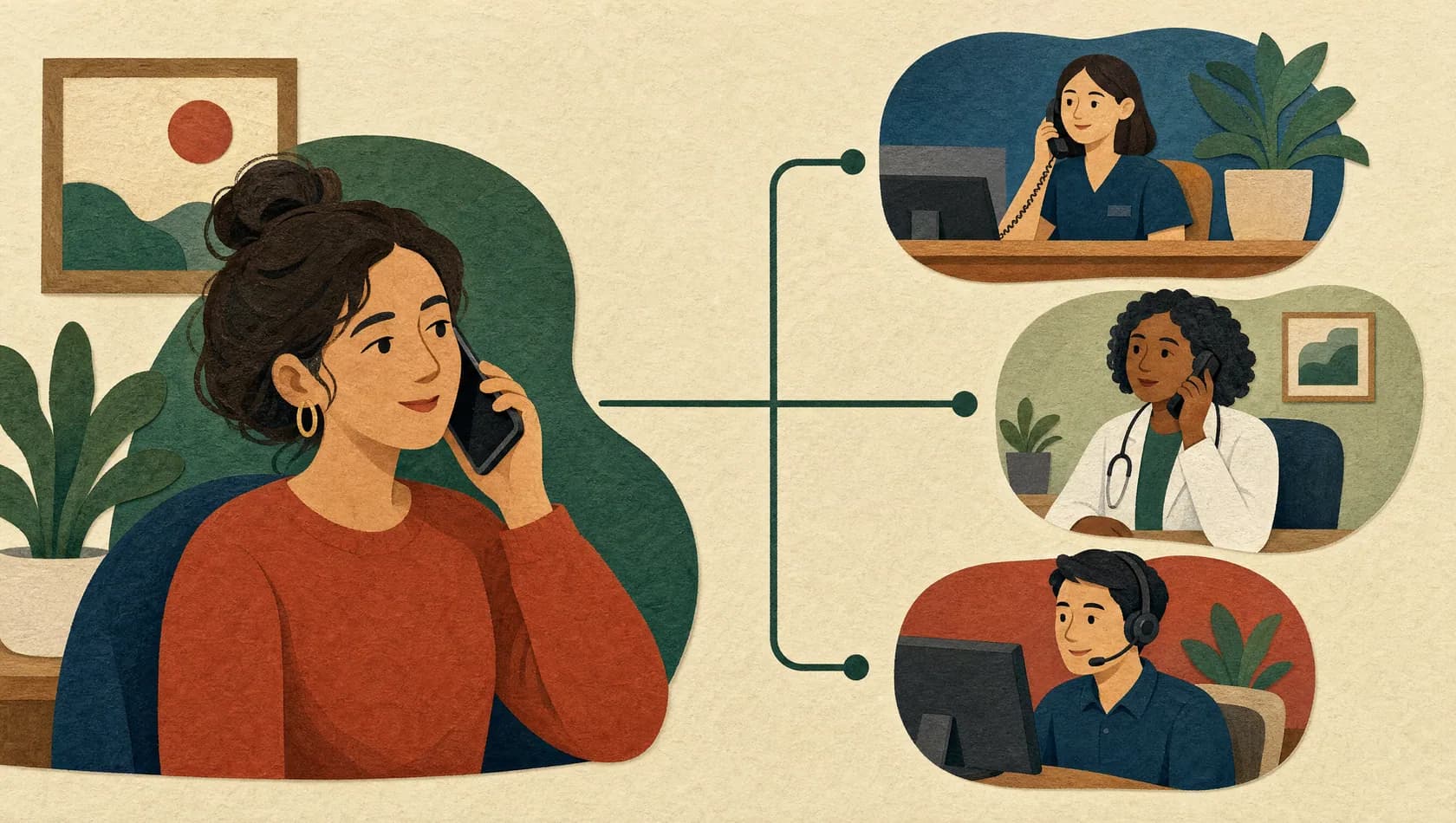 Illustration of a caller and the different people who might answer: a receptionist, a clinician and a call operator.