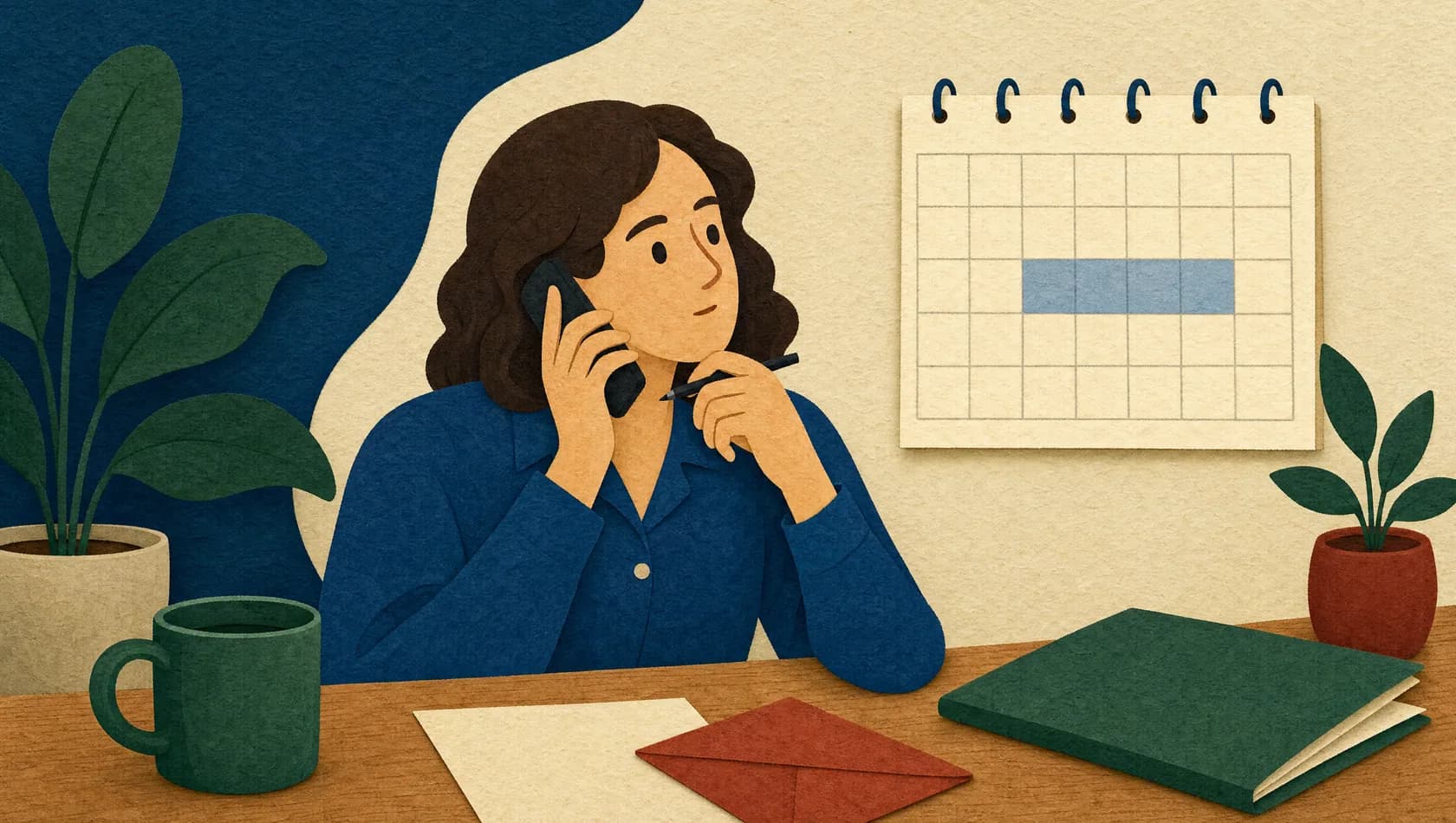 Illustration of a person on a call beside a calendar with a few days marked.