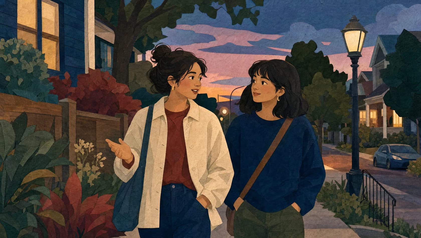 Illustration of two friends talking as they walk along a sidewalk at dusk.