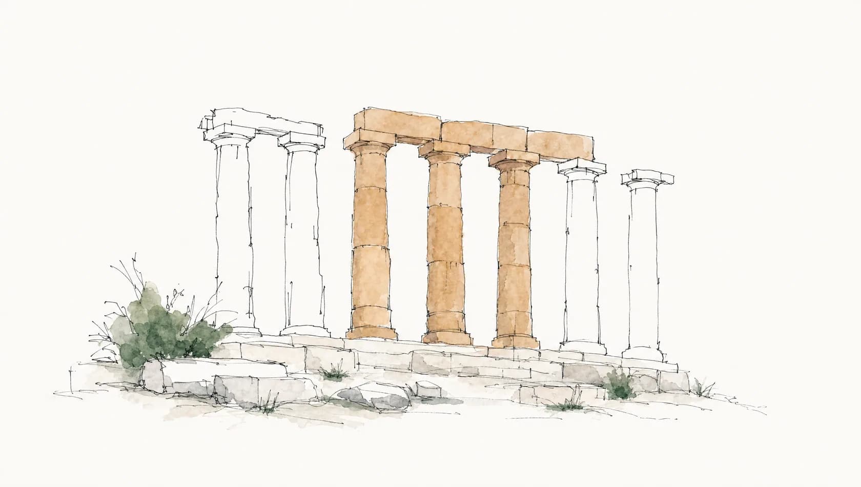 An ink-and-wash drawing: seven loose columns with a block of three washed sand, the rest left open.
