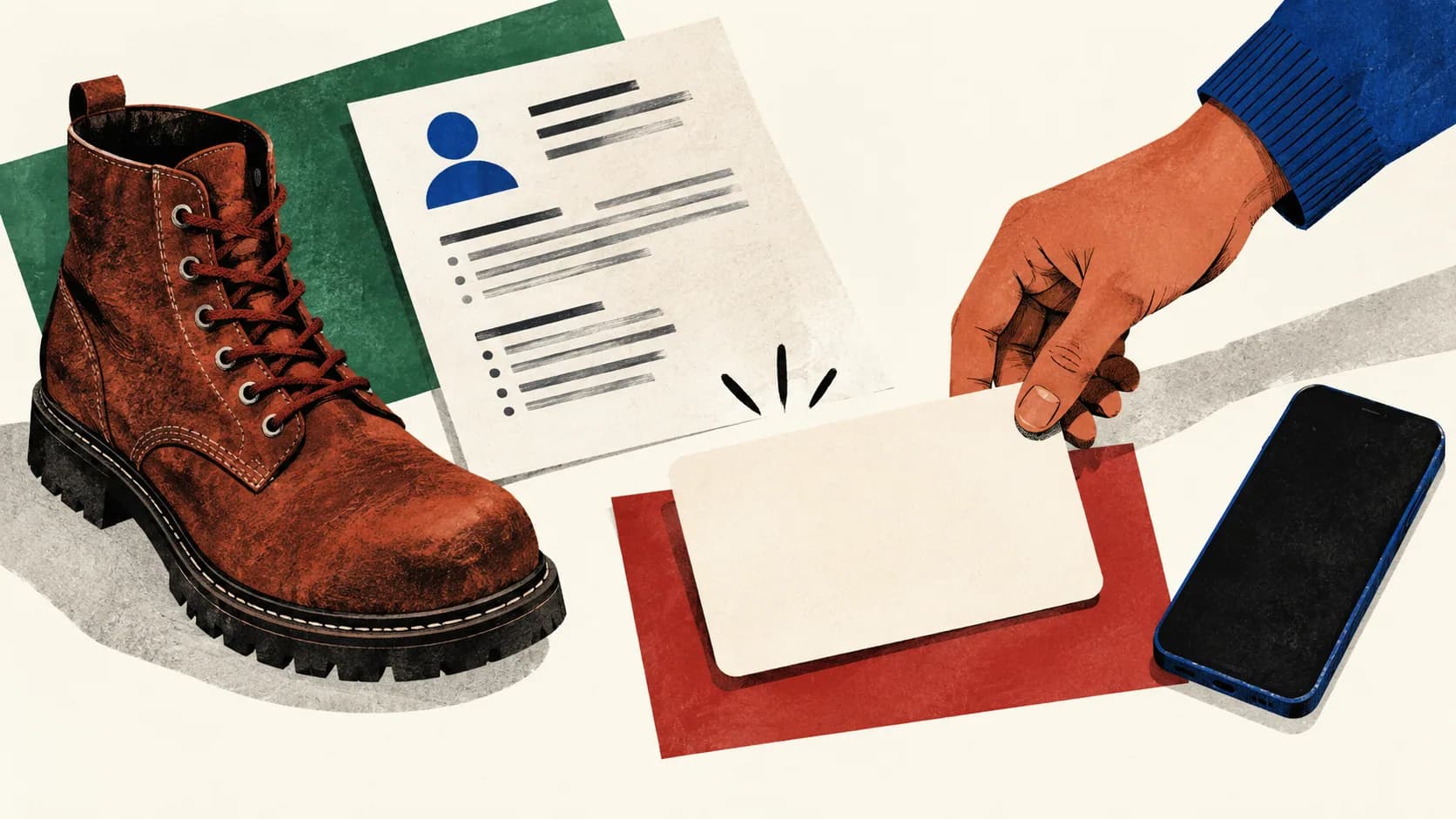 A work boot, résumé and phone beside one selected task card.