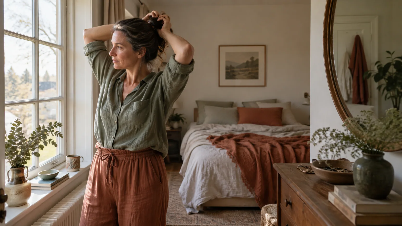 A woman tying back her hair as she gets ready for the day.