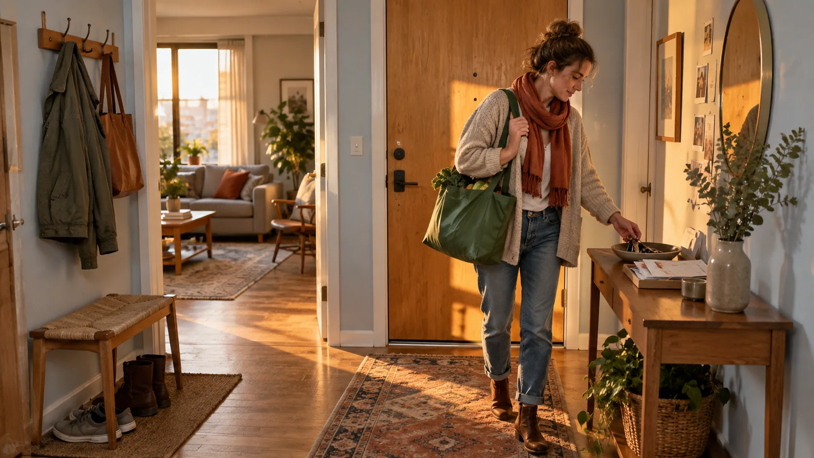 A woman setting down her keys after bringing groceries home.