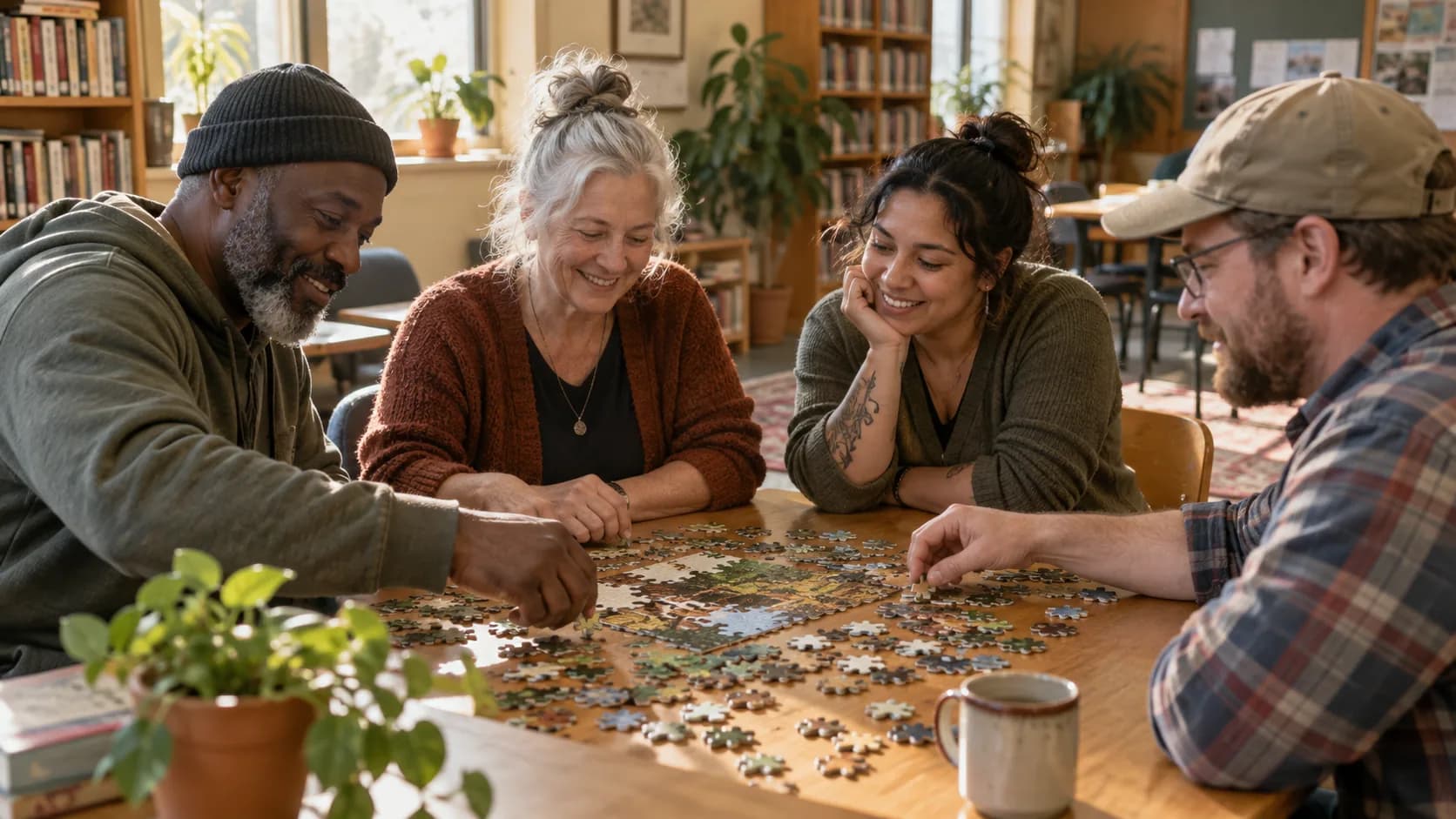 Four people talking while working on a jigsaw puzzle together.
