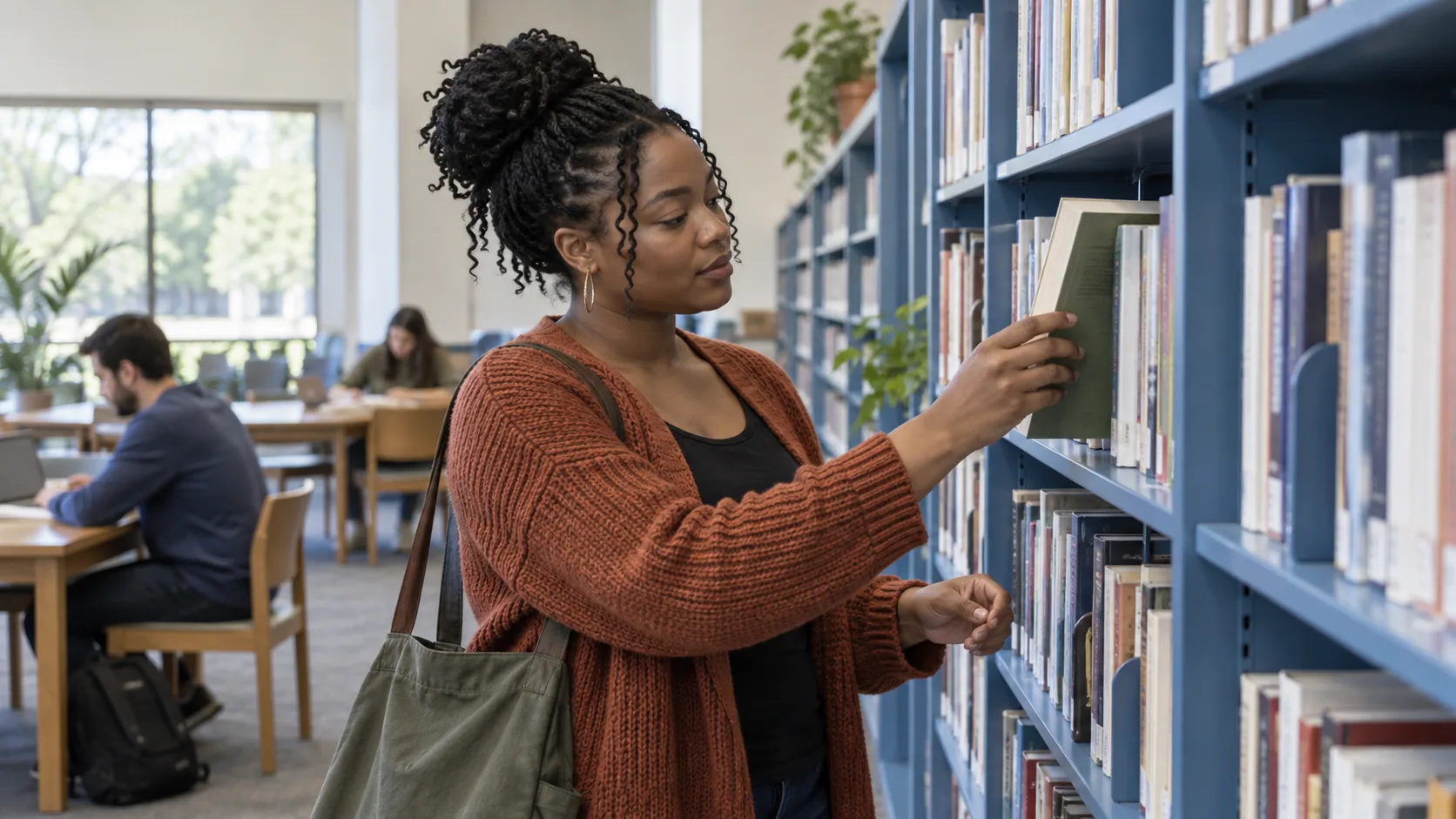 A Black woman browsing an open shelf of practical nonfiction books in a bright public library.