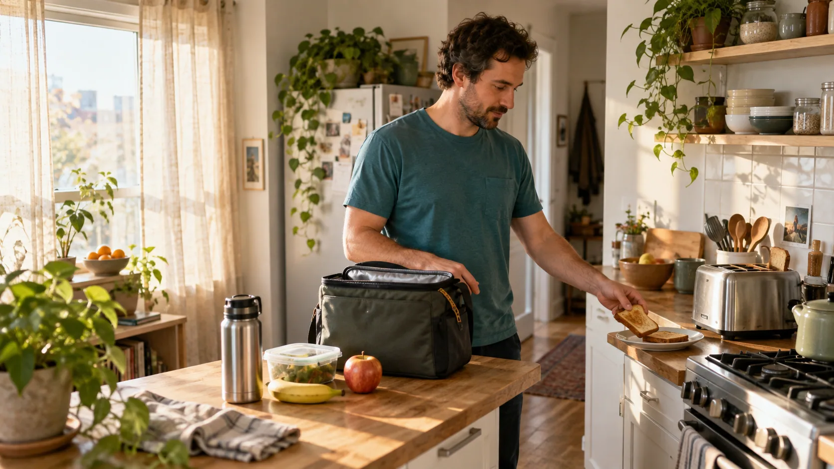 A man preparing breakfast and packing his lunch at home.