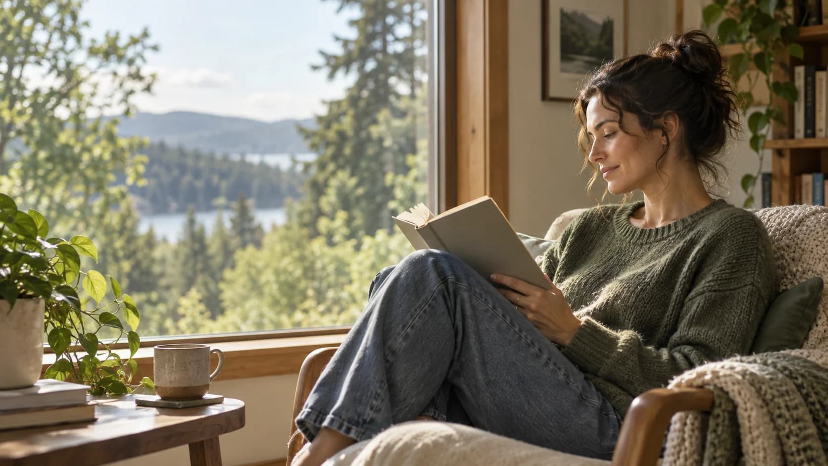 A person taking a quiet moment to read by a window.