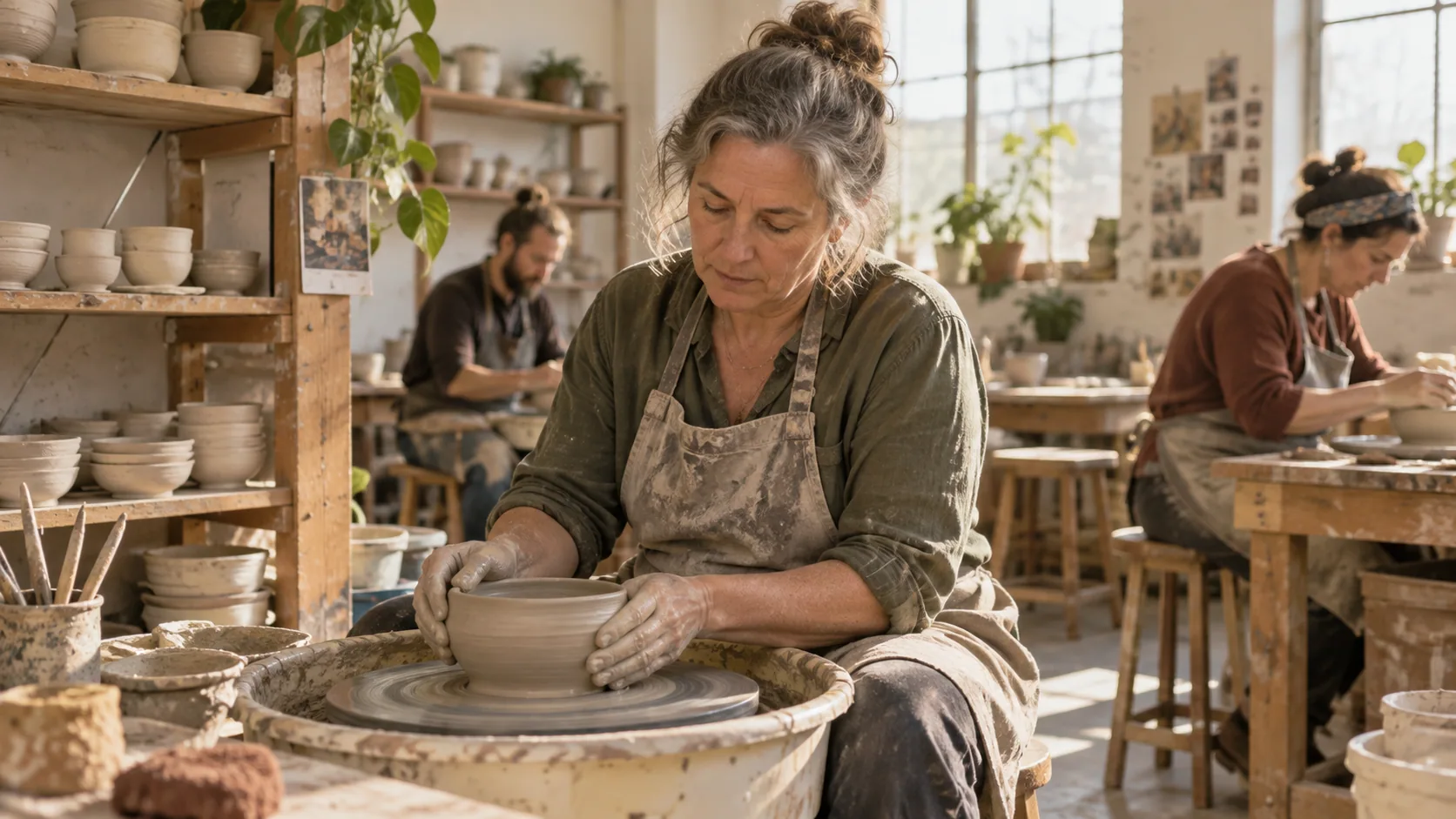 A woman shaping a bowl in a shared pottery studio.