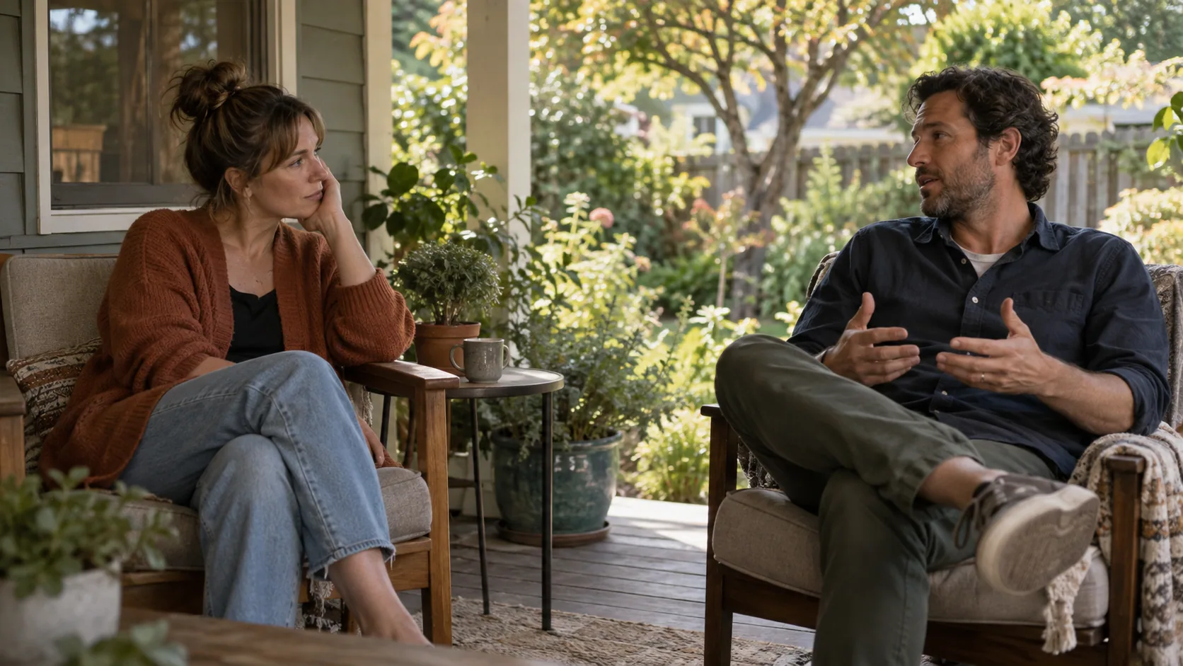 Two adults listening to each other on a shaded porch.