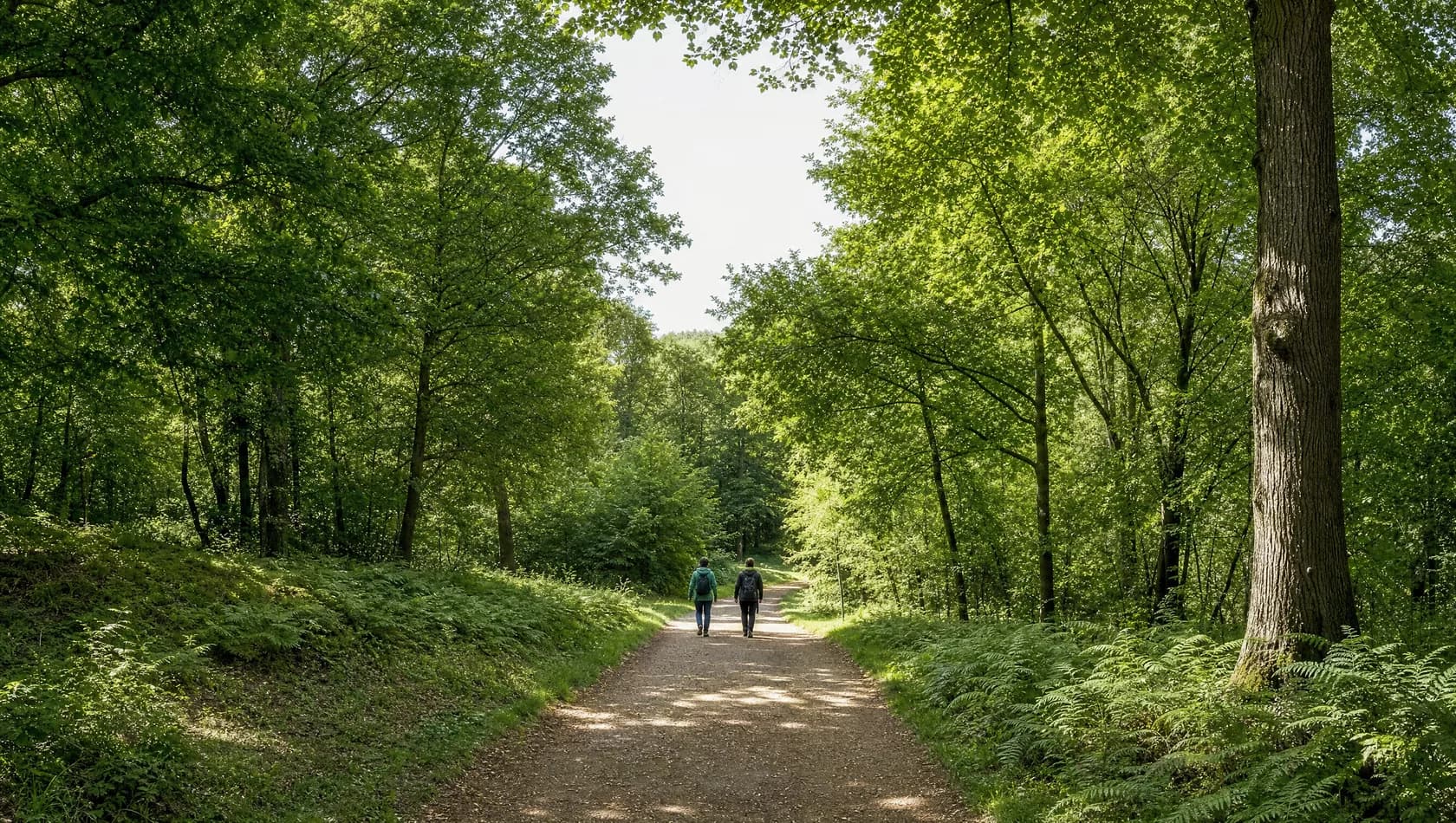 A woodland path where two small figures walk side by side far ahead, seen from behind in dappled daylight.