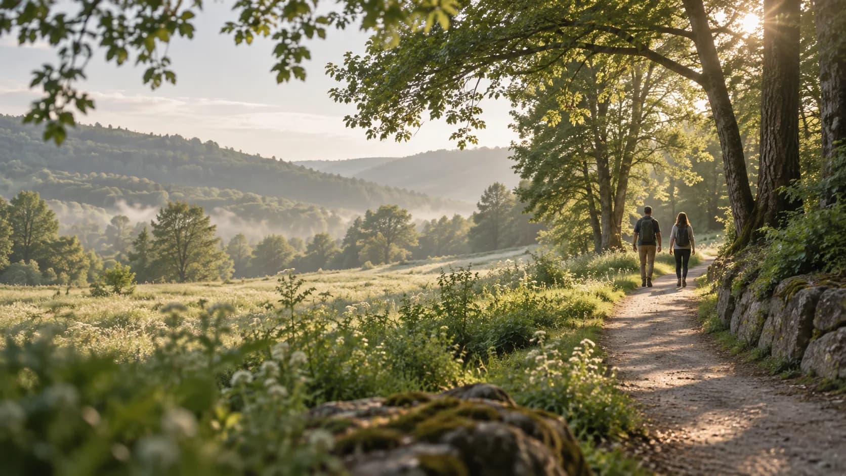 Two people walking along a path overlooking a wooded valley.