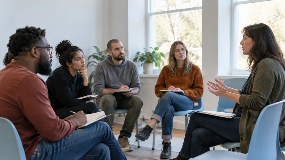 A small group of adults listening to a facilitator in a sunlit treatment classroom.