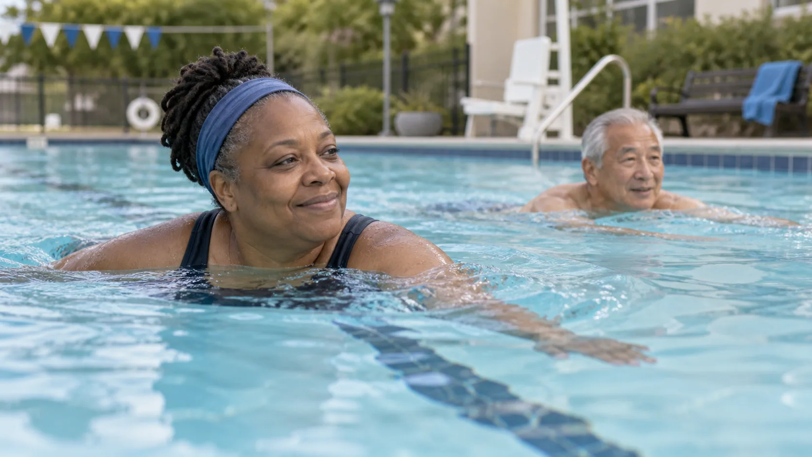 Two adults swimming at a community pool.