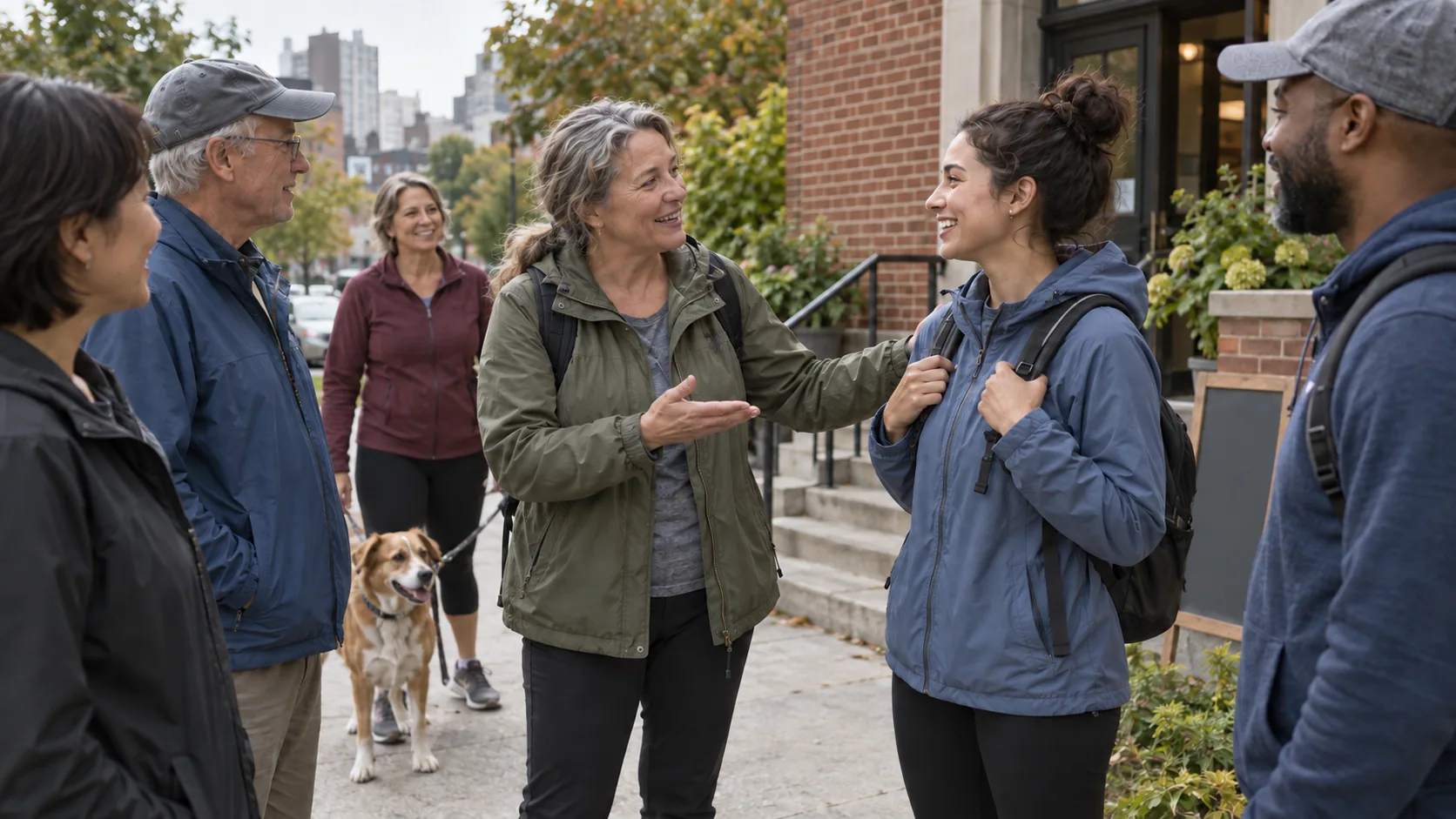 A mixed-age group arriving for a neighborhood walking club outside a modest community hall.