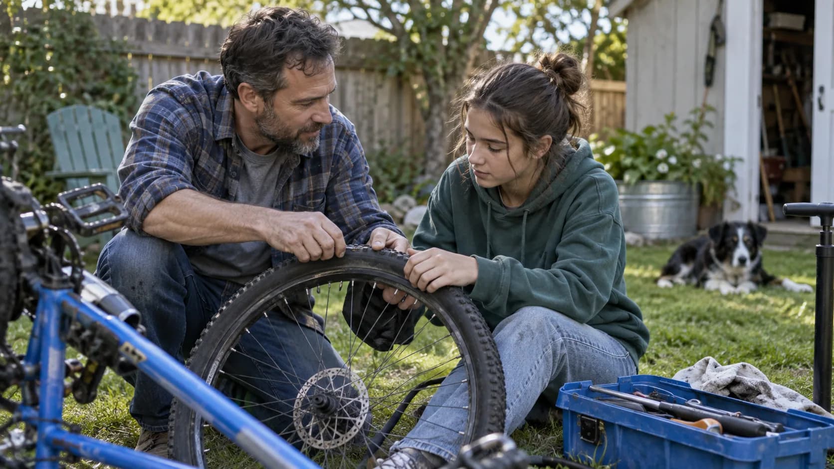 A parent and teenager repairing a bicycle tire together.