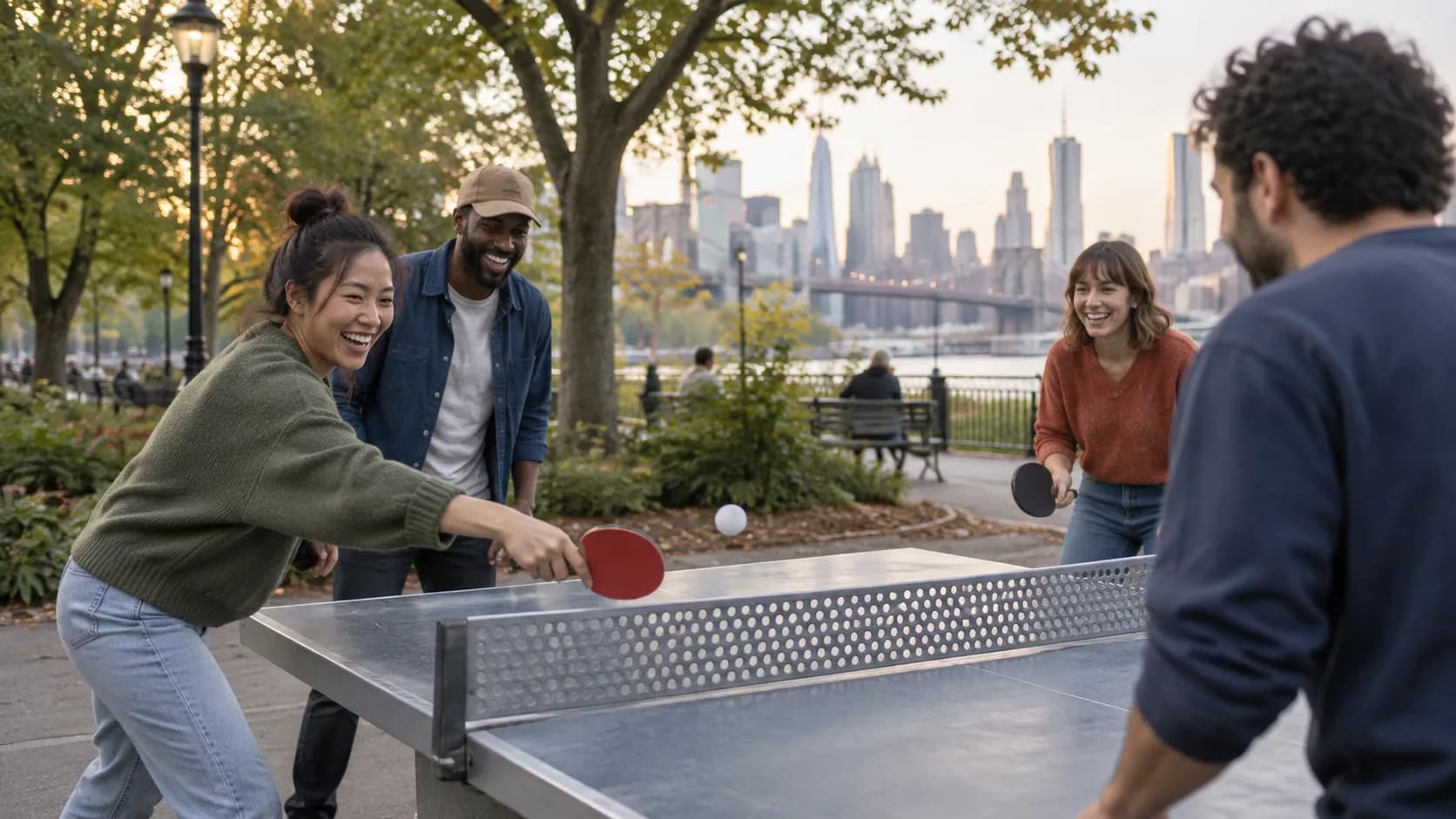 Four adult friends of different backgrounds laughing during an outdoor table-tennis game at a city park.