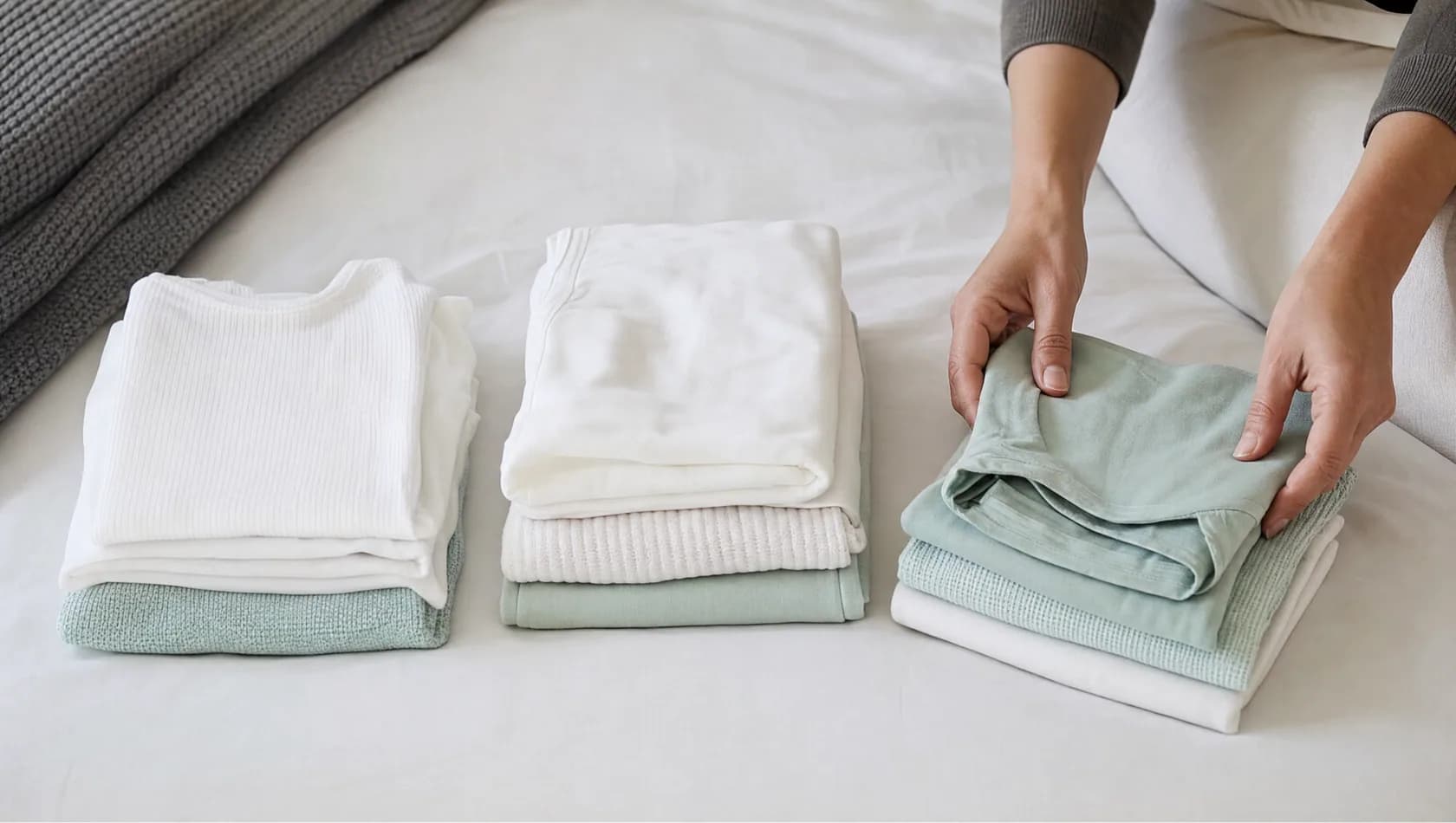 Seen from above: hands folding laundry into three neat piles on a bed, paper-white and pale mint tones.