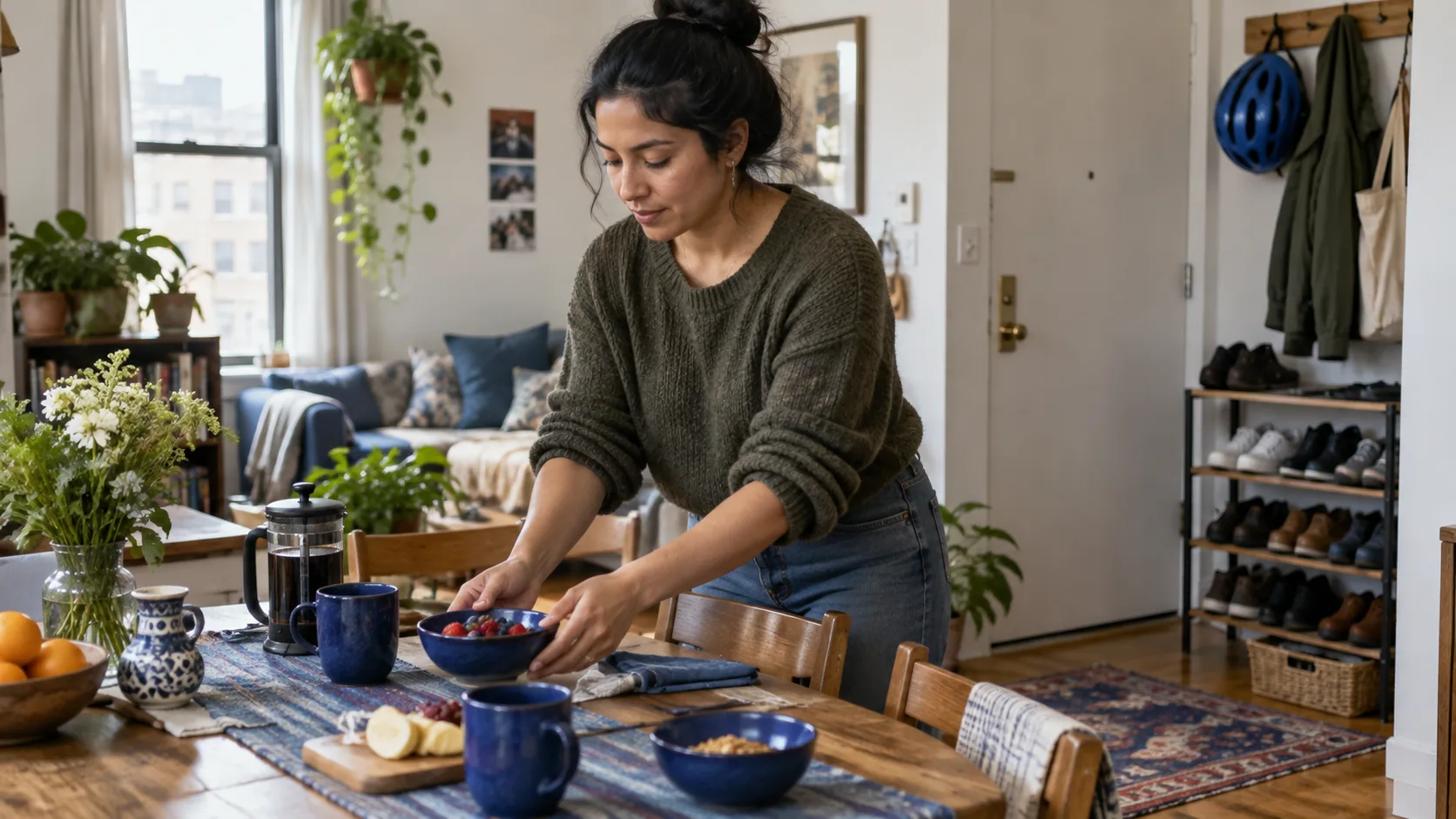 A woman setting a simple breakfast table at home.