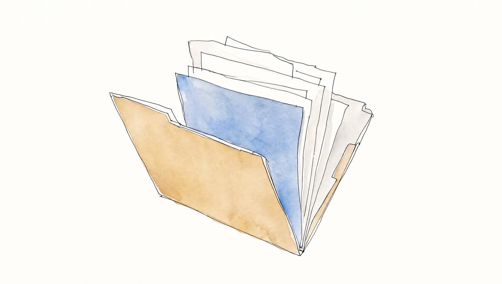 An ink-and-wash drawing: a folder held open in loose line with plain sheets fanning out, one washed blue.