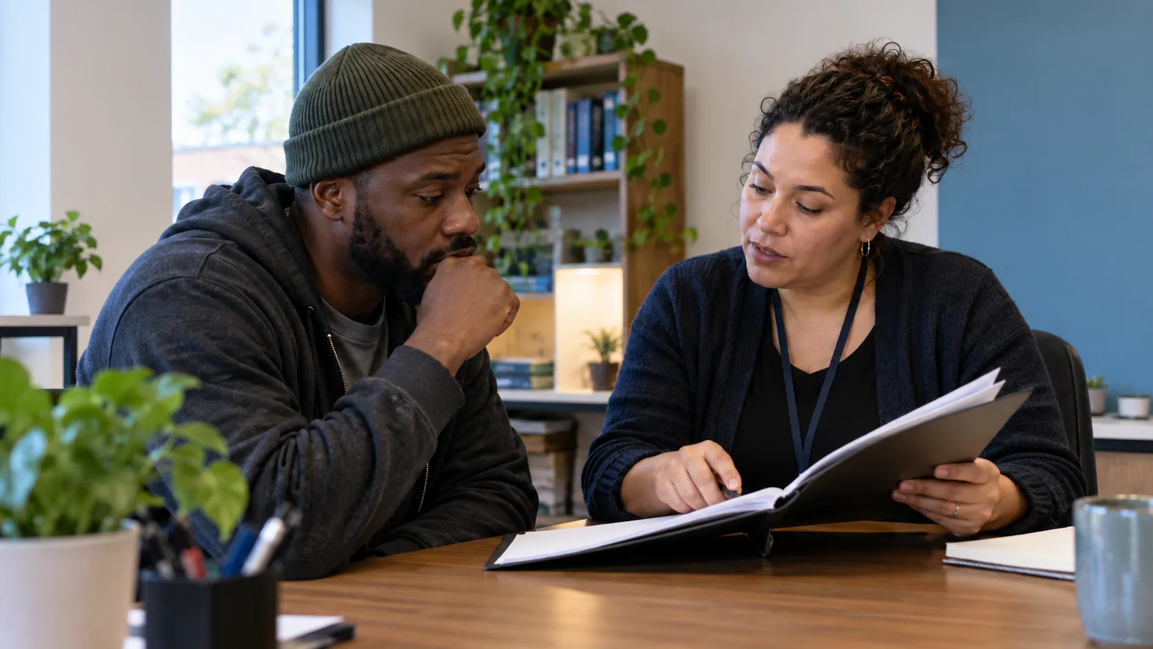 A man reviewing a document folder with an adviser.